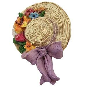 Vintage Resin Easter Bonnet Brooch • Straw Hat, Flowers & Purple Bow